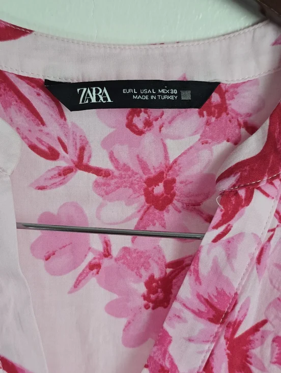 Zara Pink and Red Floral Cotton Blouse L - Picture 3 of 8